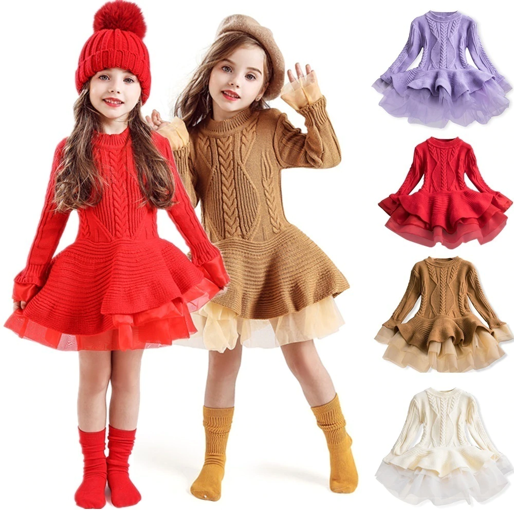 Kid Girls Casual Winter Knitted Christmas Sweater New Year Dresses 3-8 Years