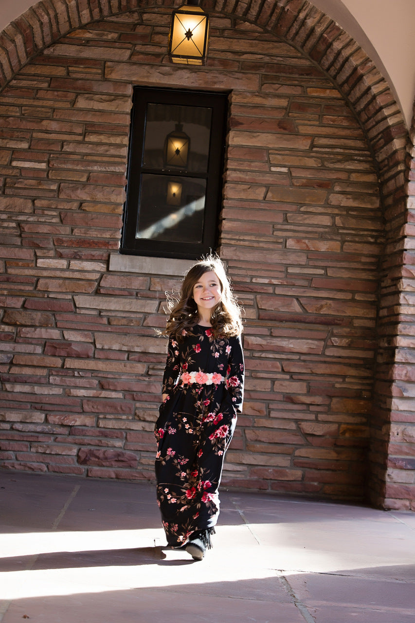 Family Matching Mother Daughter Long Sleeve Flower Print Dresses