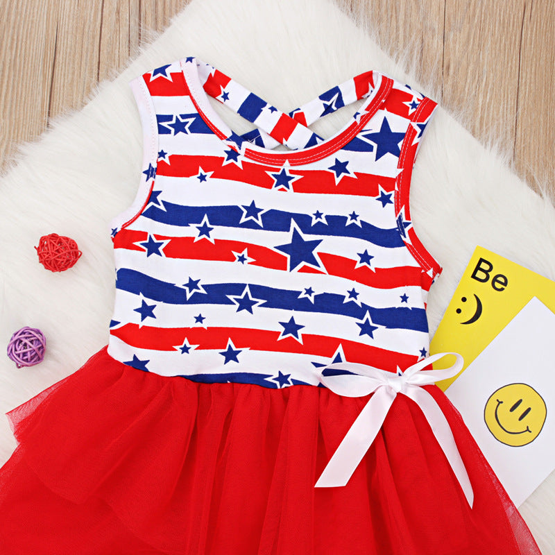 Baby Girl Sleeveless Puffy Striped Ins Star Independence Dress