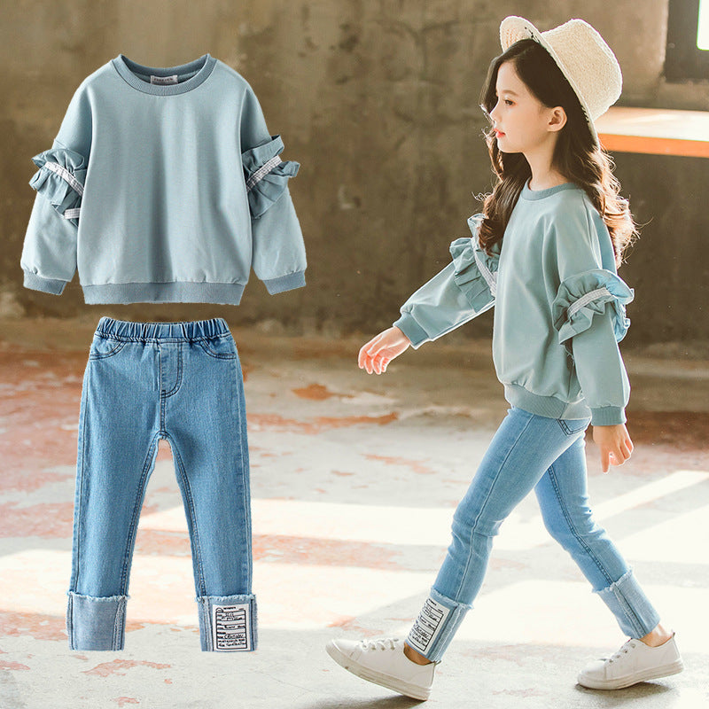 Kid Teenager Girl Spring Autumn Solid Long Sleeve Casual 2Pcs Sets