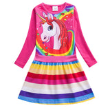 Girl Unicorn Print Rainbow Striped Long Sleeve Dress