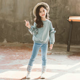 Kid Teenager Girl Spring Autumn Solid Long Sleeve Casual 2Pcs Sets