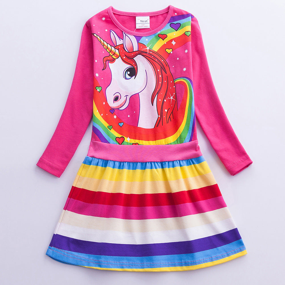 Girl Unicorn Print Rainbow Striped Long Sleeve Dress