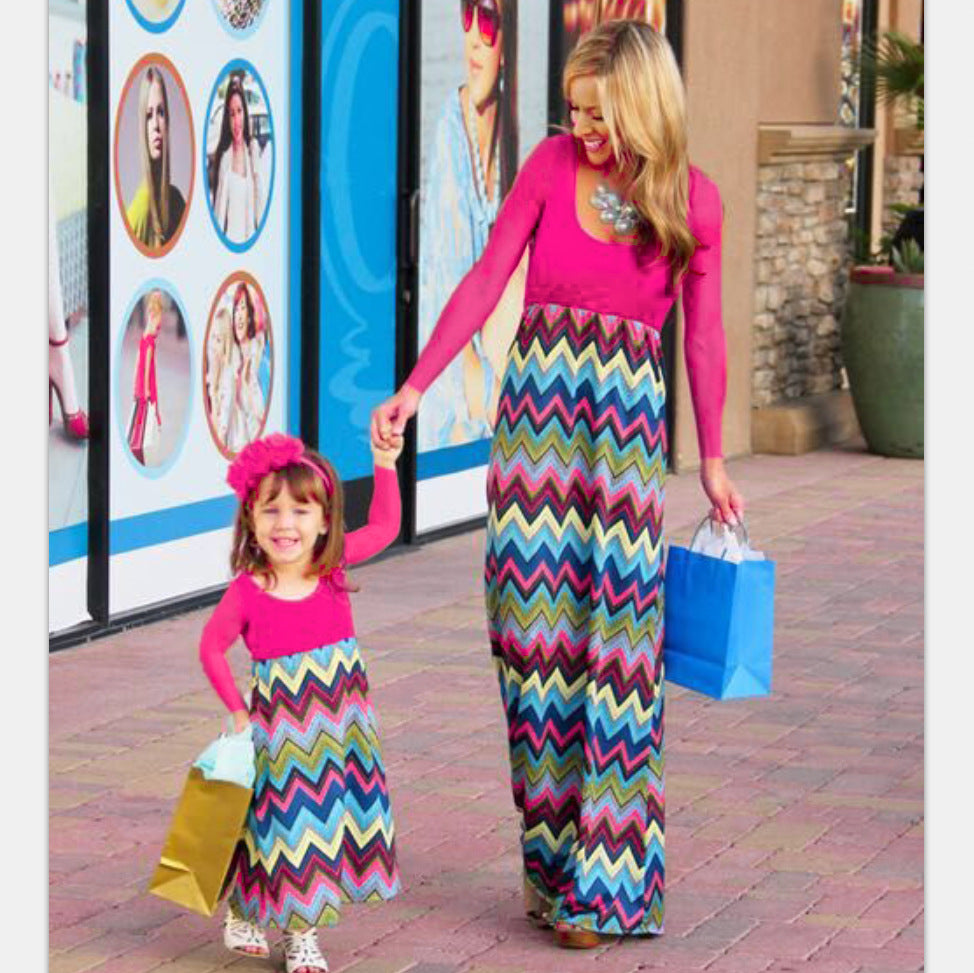 Family Matching Long-sleeved Wave Print Parent-child Dress