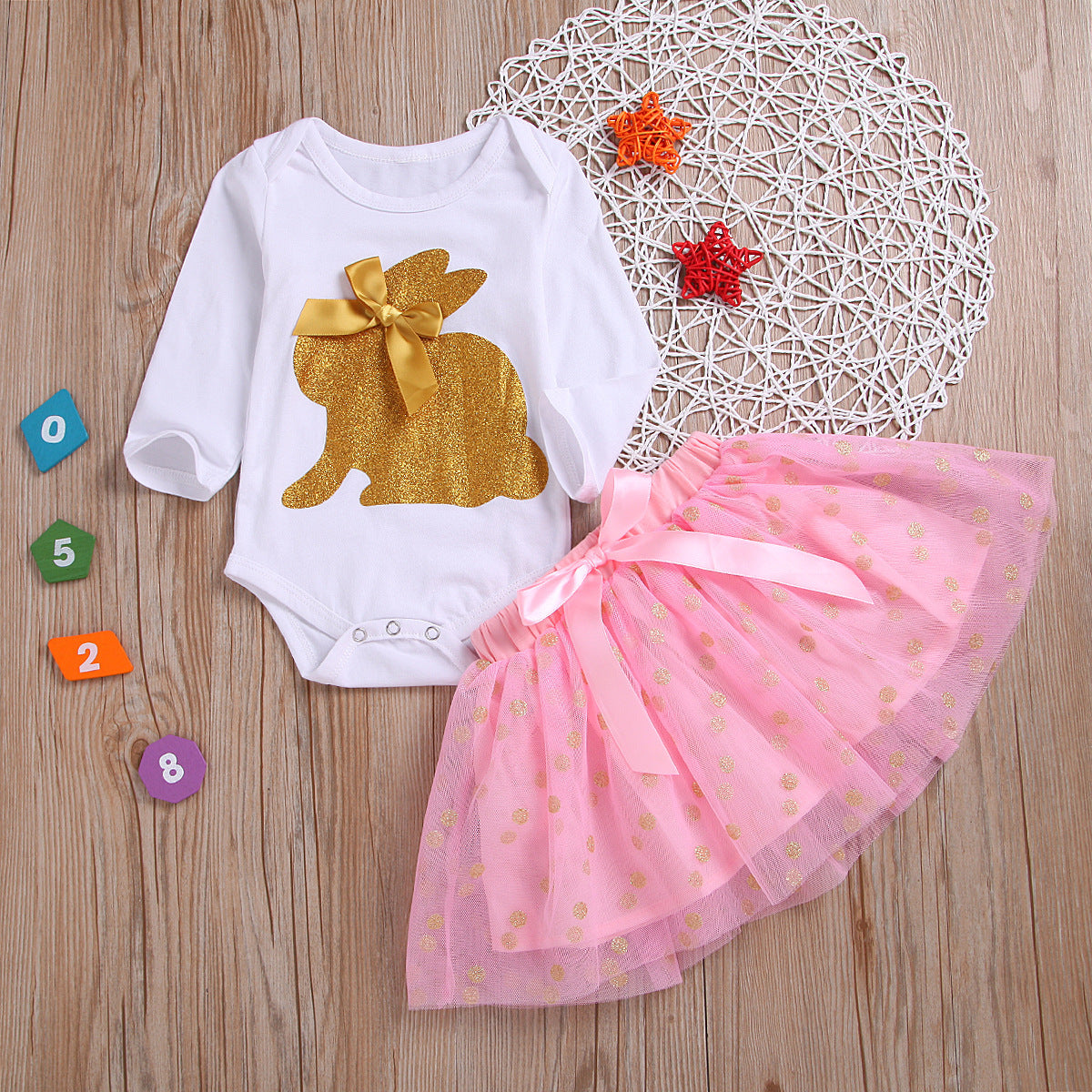 Baby Girls Easter Bunny Print Top Mesh Skirt Princess Crawlsuit 2 Pcs Set