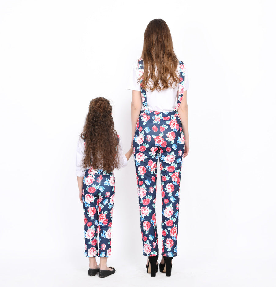 Family Spring Parent-child One-piece Printed Overalls Pants Dress