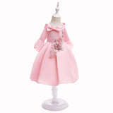 Kid Girl Princess Off Shoulder Middle Sleeve Satin Gown Embroidered Dresses