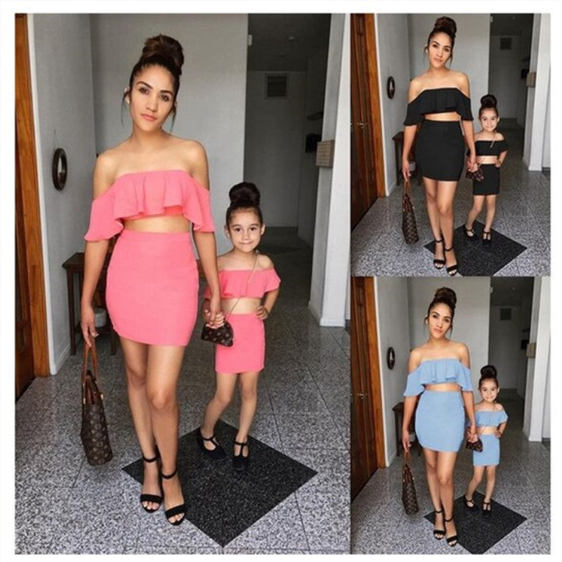 Family Matching Mother-daughter Solid Flounces Dresses