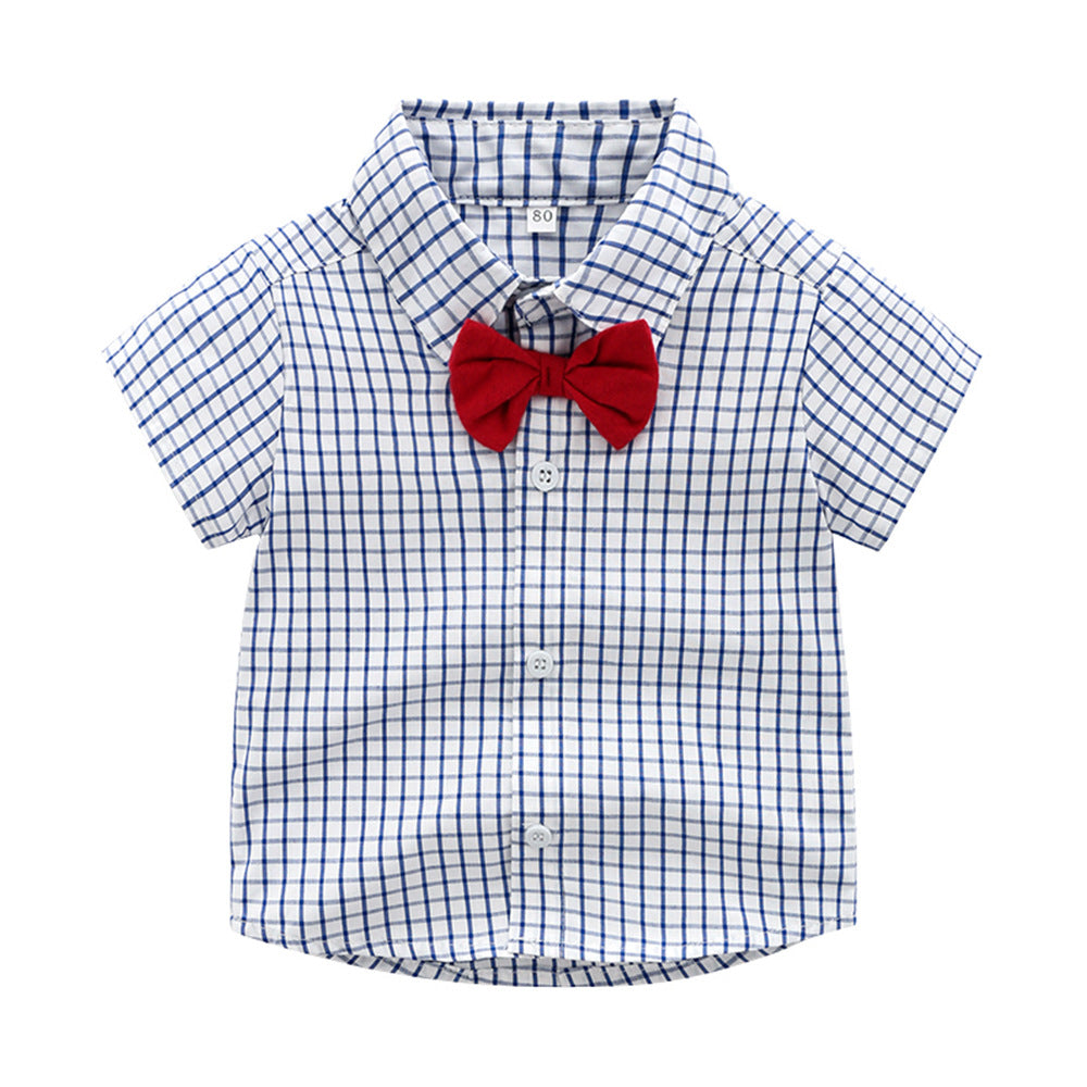 Kid Baby Boy Suit Suspenders Plaid Short Sleeves 2 Pcs Sets