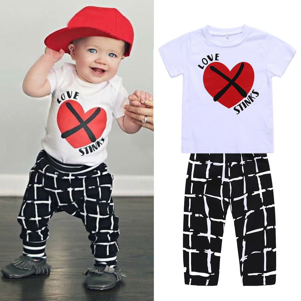 Boys Sets Outfit Love Heart Valentine Plaid 2 Pcs