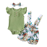 Baby Girl Flying Sleeve Ribbed Romper Floral 3 Pcs Set