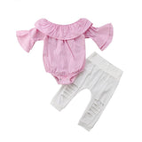 Baby Girls Off Shoulder Flare Sleeve Ripped Outfits 2 Pcs Sets