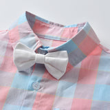 Baby Boy Gentleman Suit Short Sleeve Plaid Suspenders Suit 4 Pcs Sets