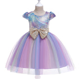 Kid Baby Girl Belt Big Bow Laser Print Rainbow Show Gauze Dress