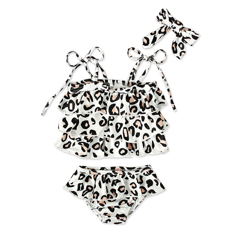 Kid Baby Girls Swimsuit Leopard Print Scarf 2 Pcs Sets