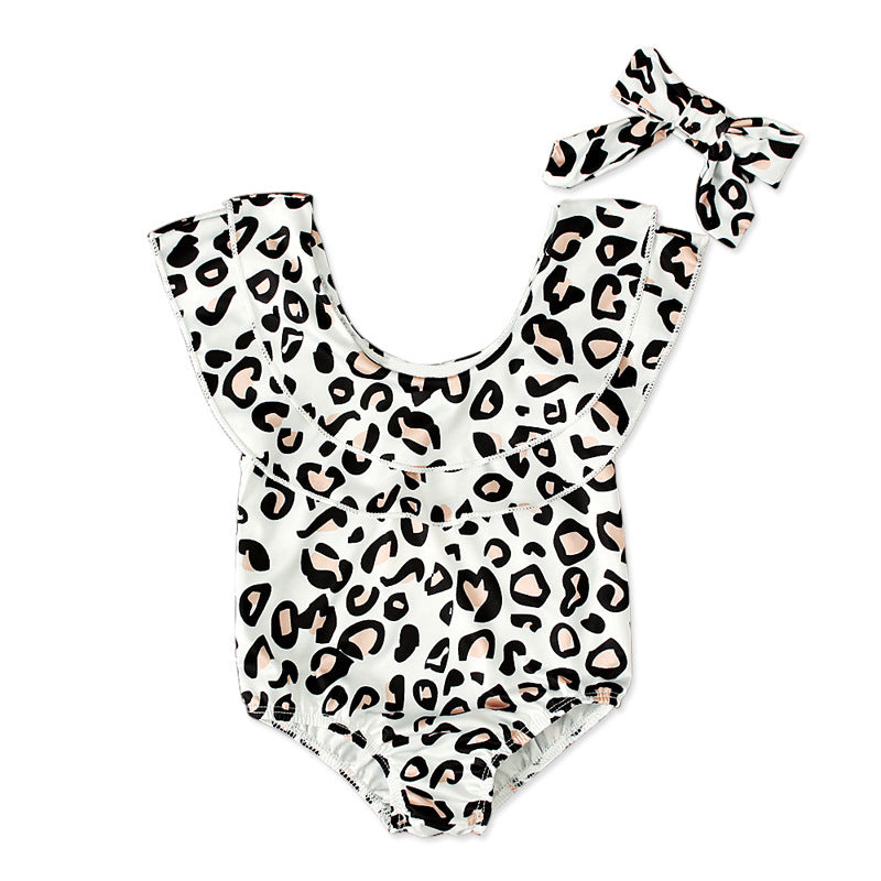 Kid Baby Girls Swimsuit Leopard Print Scarf 2 Pcs Sets