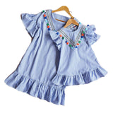 Family Matching Mommy And Me Fringed Embroidery Striped Dresses