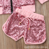 Kid Baby Girls Stand Collar Long Sleeve Sequin Fashion Shorts 2 Pcs Sets