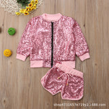 Kid Baby Girls Stand Collar Long Sleeve Sequin Fashion Shorts 2 Pcs Sets