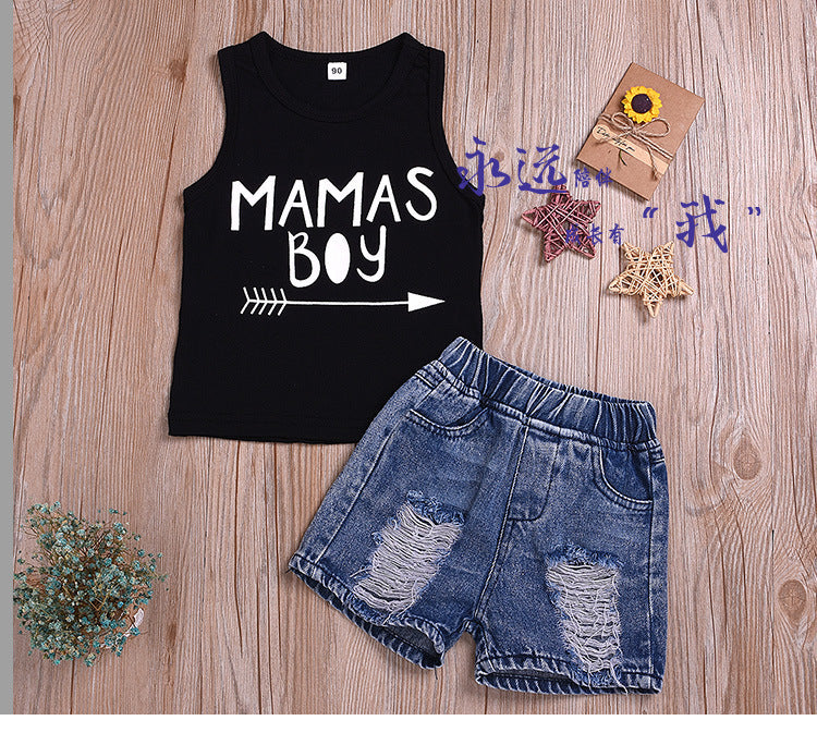 Kid Baby Boys Fashion Suit Sleeveless Denim Shorts 2 Pcs Sets