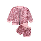 Kid Baby Girls Stand Collar Long Sleeve Sequin Fashion Shorts 2 Pcs Sets