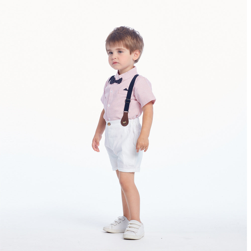 Kid Baby Boy Suit Gentleman Polka Dot Bow Tie Suspenders 2 Pcs Sets