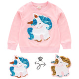 Kid Girls Autumn Pony Unicorn Color-changing Sequined Pullover Cotton Shirts