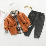 Boys Plaid Cardigan and Solid Denim Set  2 Pcs