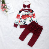 Baby Girls Flower Print Top Pleated Bow 3 Pcs Suit Outfits