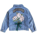 Girl Denim Jacket Spring Cute Sweet Back Flower Print Coat Outwear