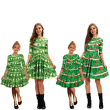 Family Matching Mother Daughter Princess Green Grass Digital Print Middle Sleeve Dresses