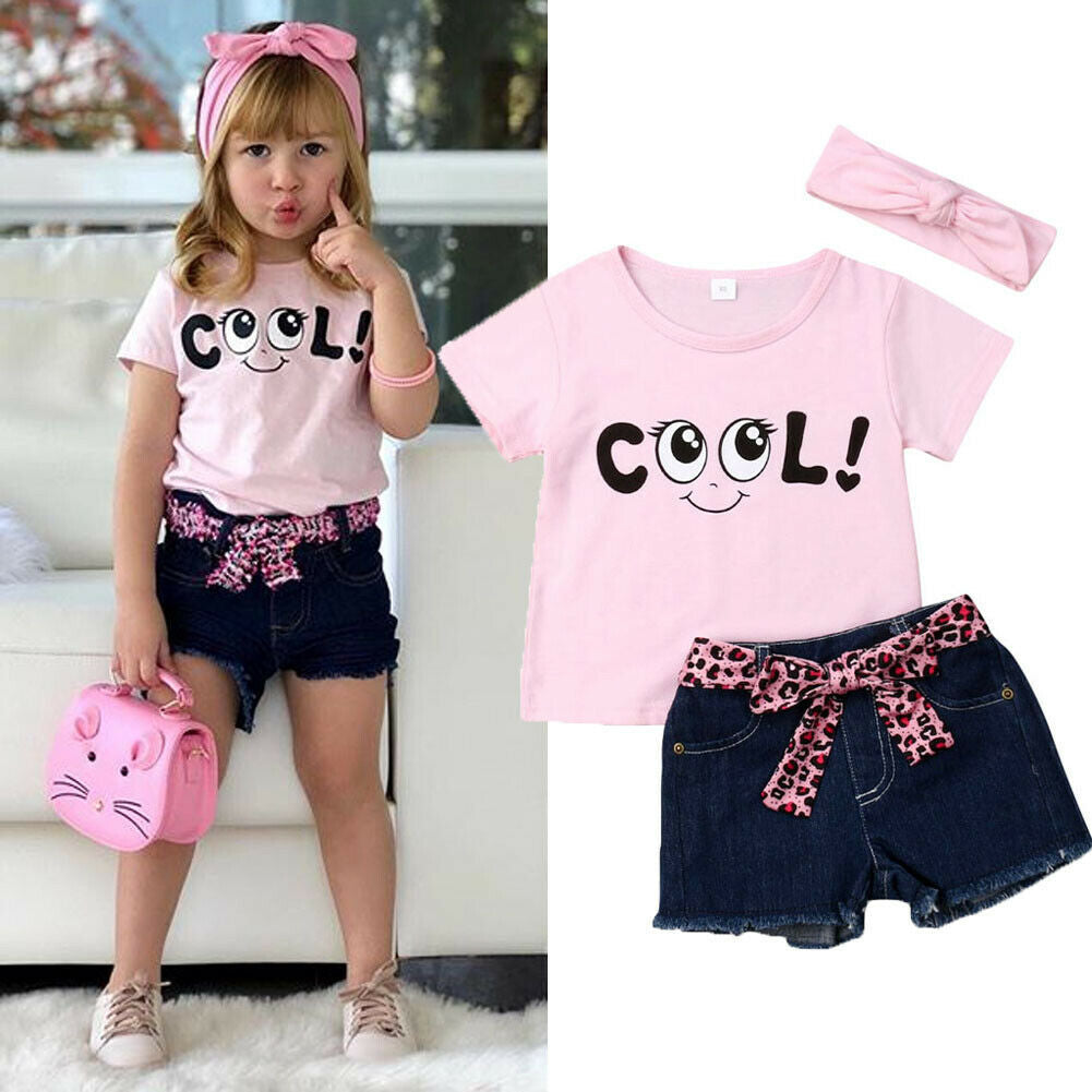 Kid Baby Girl Printed Jeans Letter Outfits 3 Pcs Set