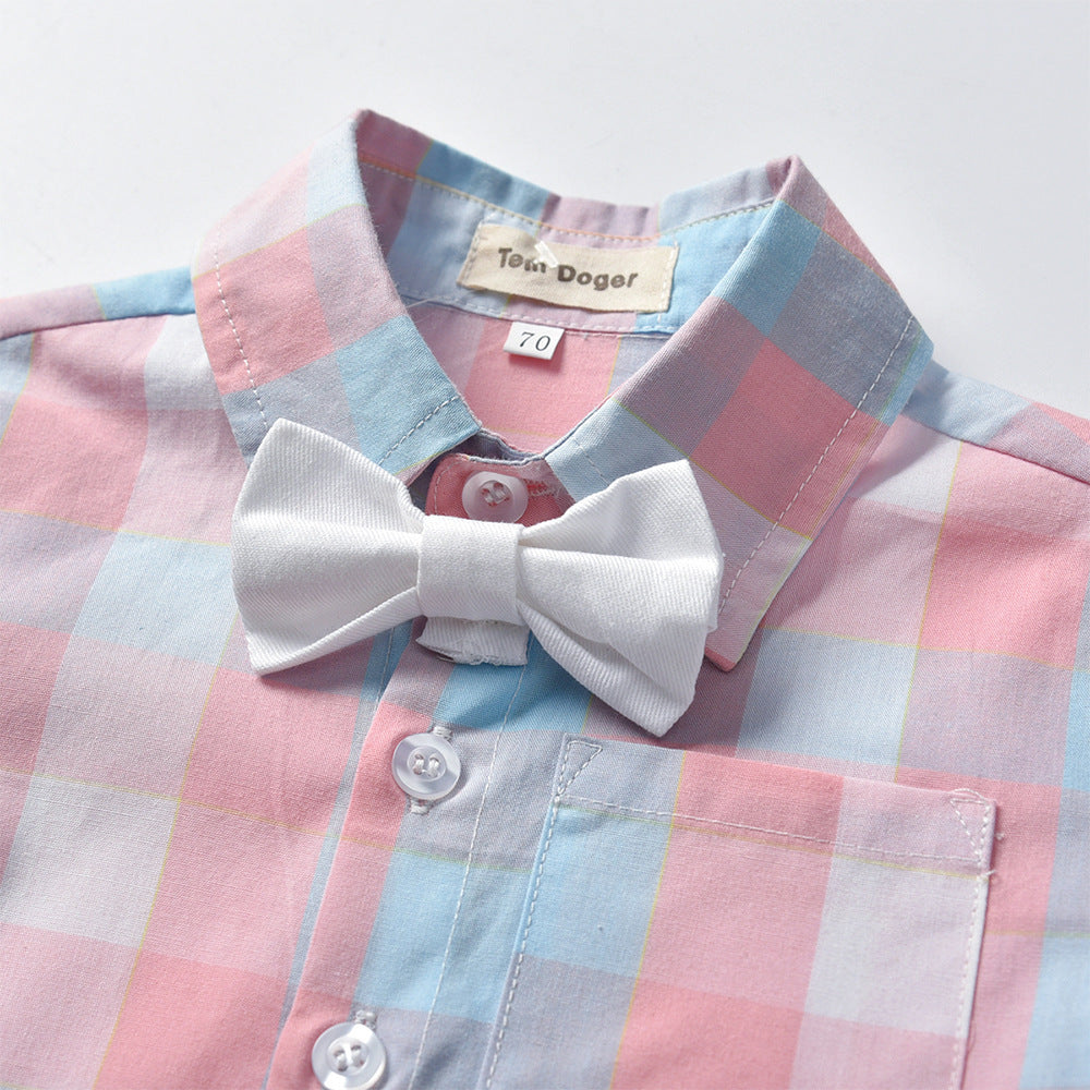 Boys Boutique Cotton Long Sleeve Formal Plaid Suit Bow Tie Set 2 Pcs