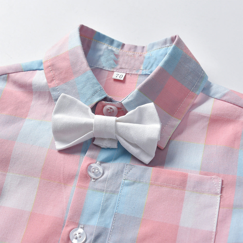 Boys Boutique Cotton Long Sleeve Formal Plaid Suit Bow Tie Set 2 Pcs