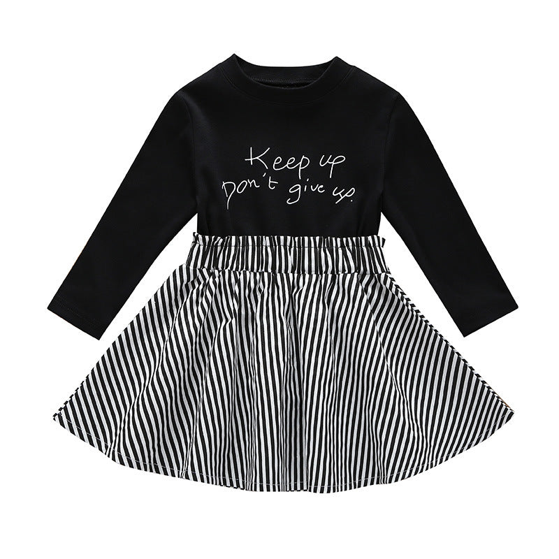Kid Baby Girls Patchwork Spring Letter Printed Stripes Dress