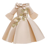 Kid Girl Princess Off Shoulder Middle Sleeve Satin Gown Embroidered Dresses