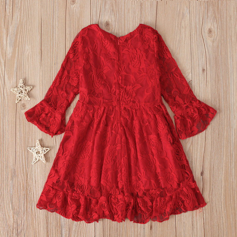 Kid Baby Girls Sub-trend Christmas Red Long Sleeve Lace Dresses