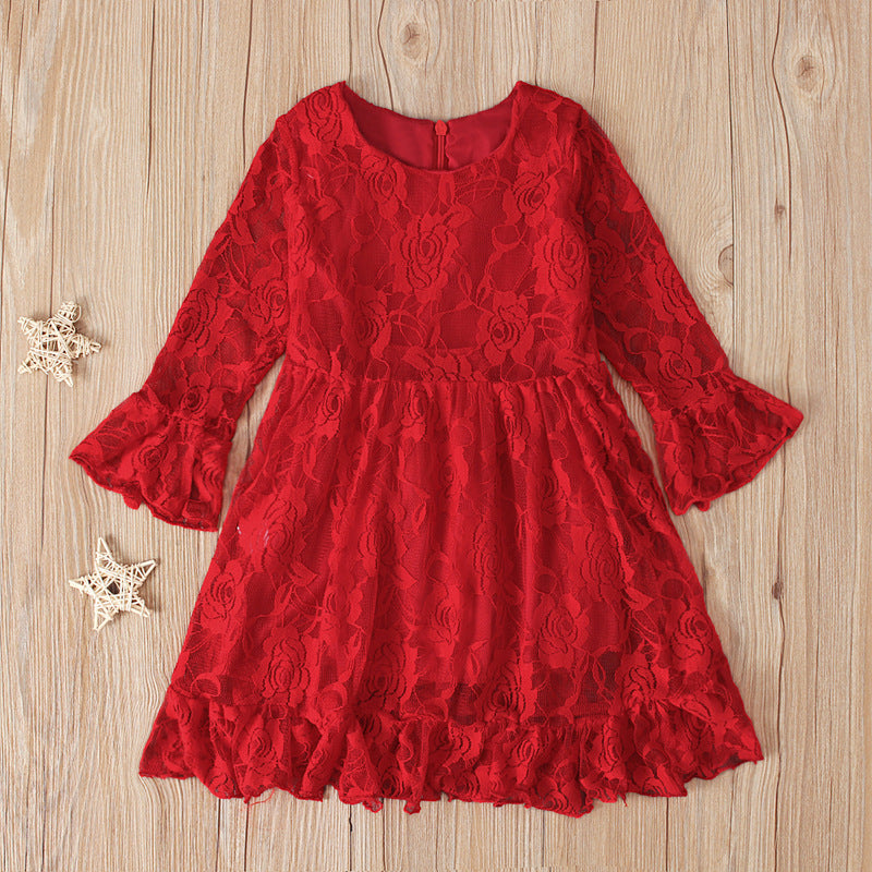 Kid Baby Girls Sub-trend Christmas Red Long Sleeve Lace Dresses