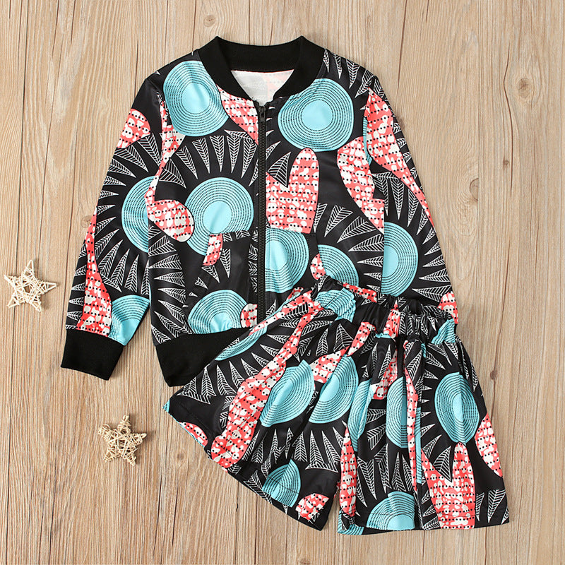 Kid Baby Girl Suit Autumn Bohemian Zipper Shorts Sleeve 2 Pcs Sets