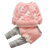 Baby Girl Bow-tie Suit Thickened Added Fleece Suits 2 Pcs Sets