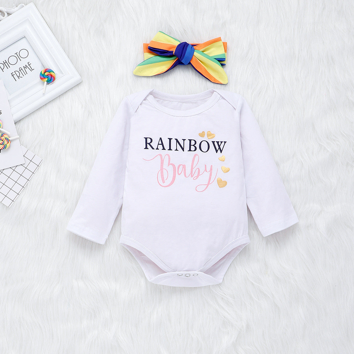 Baby Girl Color Letter Printing Rainbow Romper Outfit 3 Pcs