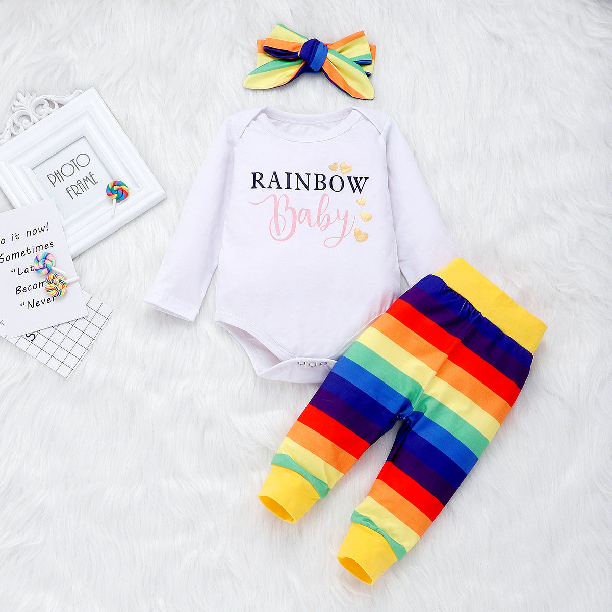Baby Girl Color Letter Printing Rainbow Romper Outfit 3 Pcs