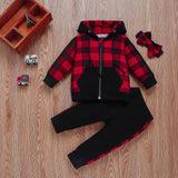 New Spring Girls Plaid Casual Tops+Bottoms+Headband 3pcs/Set Outfit Tracksuits