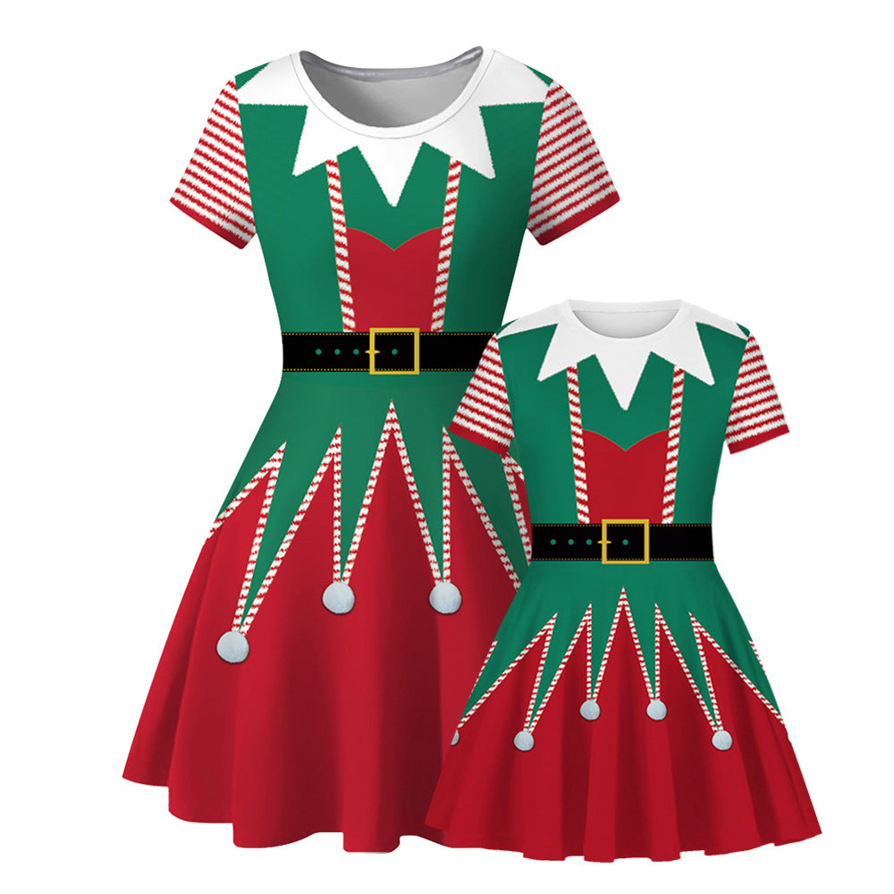 Family Matching Parent-child Christmas Digital Round Collar Short Sleeves Swing Dresses