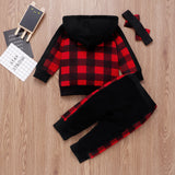 New Spring Girls Plaid Casual Tops+Bottoms+Headband 3pcs/Set Outfit Tracksuits