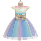 Kid Baby Girl Belt Big Bow Laser Print Rainbow Show Gauze Dress