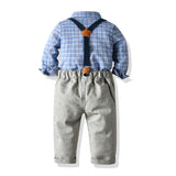 Plaid Blue Long-sleeved Suspenders Baby Boy 2 Pcs Set suits