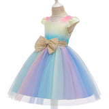 Kid Baby Girl Belt Big Bow Laser Print Rainbow Show Gauze Dress