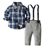 Boy Blue Plaid Long-sleeved Suspenders Set 2 Pcs suits