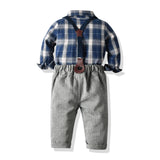 Boy Blue Plaid Long-sleeved Suspenders Set 2 Pcs suits